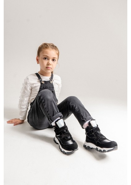 Kız Çocuk Siyah Hakiki Deri Suya Dayanıklı Anatomik Günlük Bot