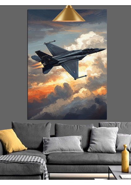 Gökyüzünde Uçan Savaş Jet Uçağı Dekoratif Kanvas - Mdf Ahşap Tablo