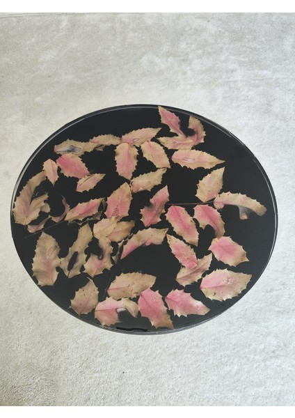 El Yapımı Gerçek Yapraklı Epoksi Yan Sehpa – Siyah Zeminli Şeffaf Reçine, Dekoratif Naturel Ahşap Ayaklı 35 cm modelleri