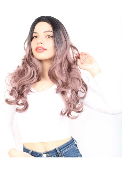 Yoğun Dalgalı Fiber Sentetik Uzun Perçemsiz Peruk - Siyah / Gül Kurusu Ombreli