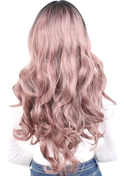 Yoğun Dalgalı Fiber Sentetik Uzun Perçemsiz Peruk - Siyah / Gül Kurusu Ombreli fırsatları