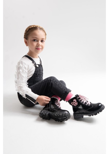 Kız Çocuk Siyah Rugan Rugan Deri Suya Dayanıklı Günlük Bot