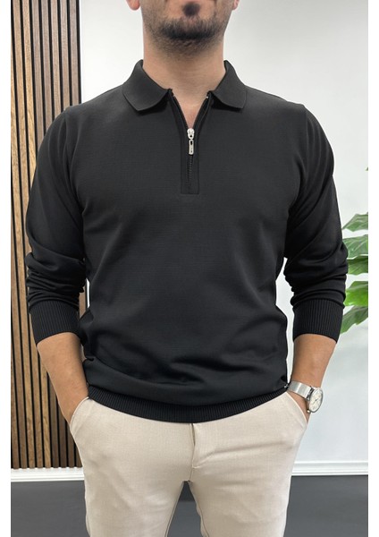 Erkek Yarım Fermuarlı Düz Desen Polo Yaka Kazak Siyah EDW424