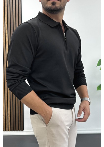 Erkek Yarım Fermuarlı Düz Desen Polo Yaka Kazak Siyah EDW424 fiyatları