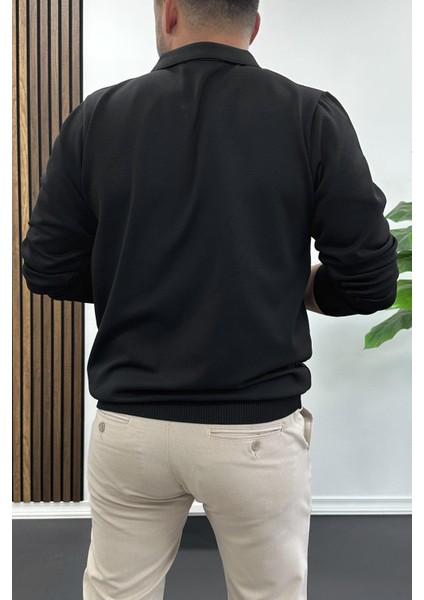 Erkek Yarım Fermuarlı Düz Desen Polo Yaka Kazak Siyah EDW424 modelleri