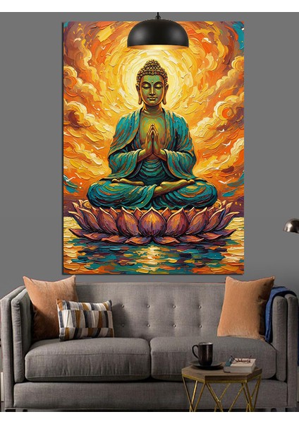 Huzurlu Oturan Altın Rengi Buda Heykeli Dekoratif Kanvas - Mdf Ahşap Tablo fiyatları
