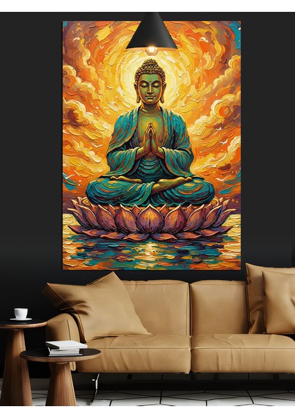 Huzurlu Oturan Altın Rengi Buda Heykeli Dekoratif Kanvas - Mdf Ahşap Tablo fırsatları