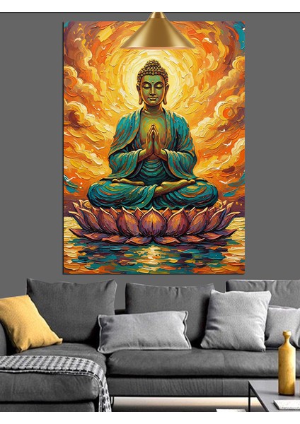 Huzurlu Oturan Altın Rengi Buda Heykeli Dekoratif Kanvas - Mdf Ahşap Tablo indirimleri
