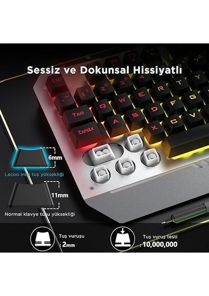 KB123 USB Kablolu Oyuncu Klavye - Rainbow Efektli, Mekanik Hisli Sessiz, Membran Gaming Türkçe Q Klavye Metalik Gri modelleri