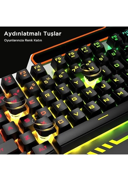 KB123 USB Kablolu Oyuncu Klavye - Rainbow Efektli, Mekanik Hisli Sessiz, Membran Gaming Türkçe Q Klavye Metalik Gri fırsatları