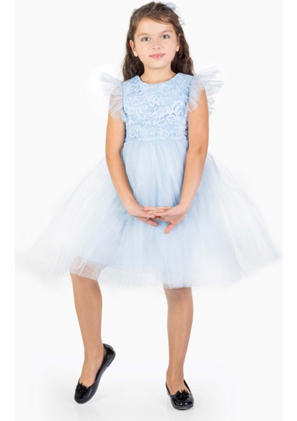 Roza Dantel Tütü Kız Çocuk Abiye Elbise MNK0546 - Bebe Mavi - 7 Yaş modelleri