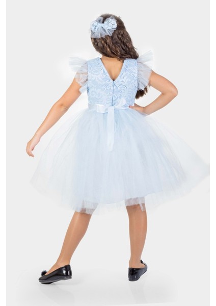 Roza Dantel Tütü Kız Çocuk Abiye Elbise MNK0546 - Bebe Mavi - 7 Yaş fırsatları