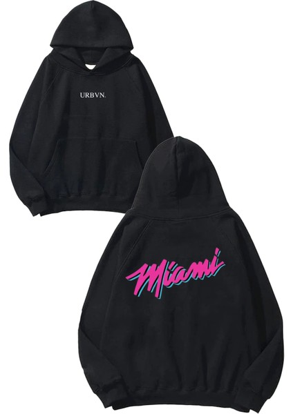 Miami Tasarım Baskılı Oversize Siyah Kapüşonlu Sweatshirt