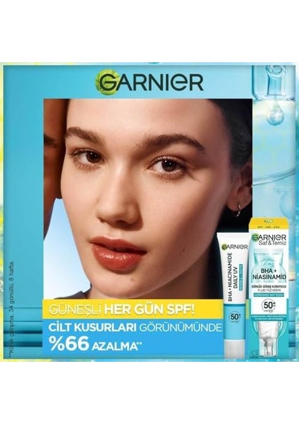 Garnier Saf ve Temiz Bha Niasinamid Günlük Güneş Koruyucu Fluid Yüz Kremi SPF50, 40 ml