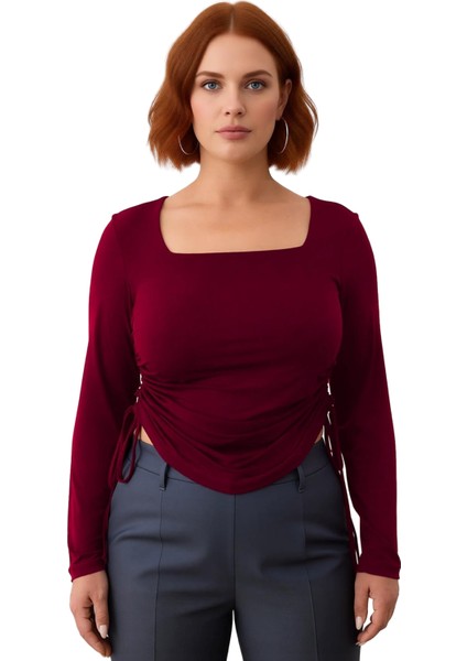 Kadınlar Için Şık Kare Yaka Büzgülü Yan Detaylı Örme Üst Kaliteli Şık Rahat Modern Zarif Günlük