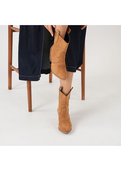 Tarçın Taba Süet Kadın Kısa Kovboy Kanvas Western Bot fiyatları