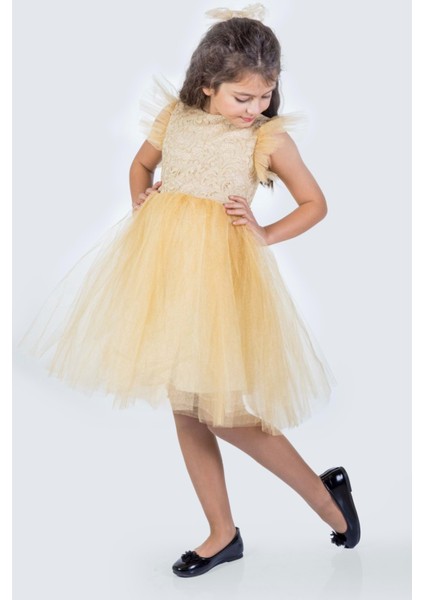 Roza Dantel Tütü Kız Çocuk Abiye Elbise MNK0546 - Bej - 8 Yaş