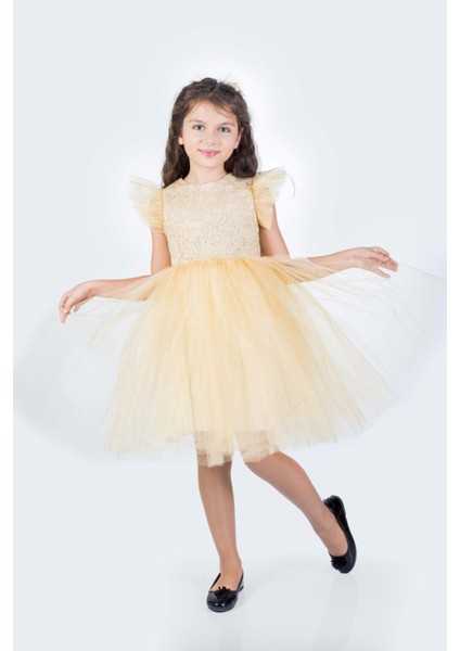 Roza Dantel Tütü Kız Çocuk Abiye Elbise MNK0546 - Bej - 8 Yaş fiyatları