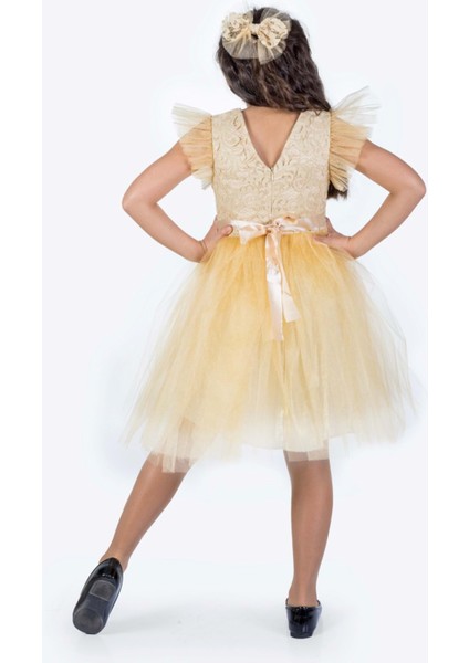 Roza Dantel Tütü Kız Çocuk Abiye Elbise MNK0546 - Bej - 8 Yaş modelleri