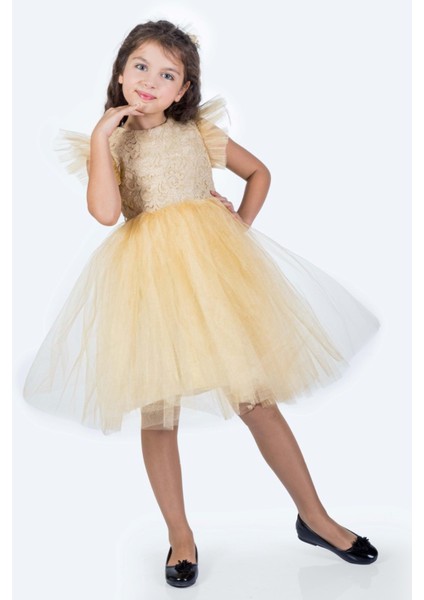 Roza Dantel Tütü Kız Çocuk Abiye Elbise MNK0546 - Bej - 8 Yaş fırsatları