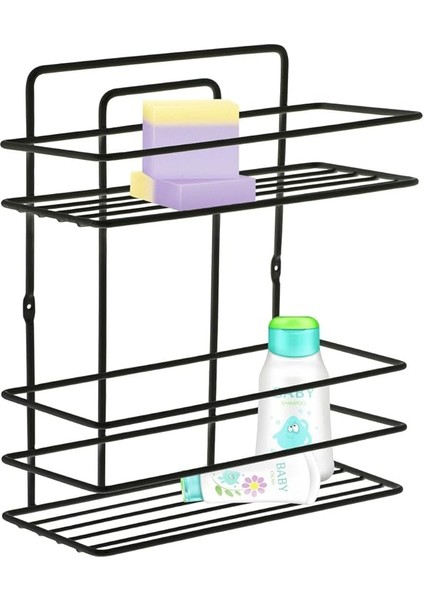 Banyo Ömür Boyu Paslanmaz Yapışkanlı Siyah 2 Katlı Düz Şampuanlık Tş02, Delmeye Son, Ister Yapıştır Ister Montajla