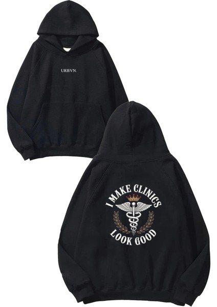 Clinics Tasarım Baskılı Oversize Siyah Kapüşonlu Sweatshirt