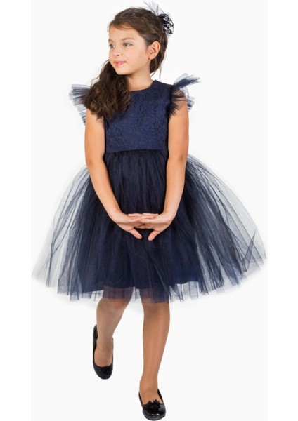 Roza Dantel Tütü Kız Çocuk Abiye Elbise MNK0546 - Lacivert - 7 Yaş