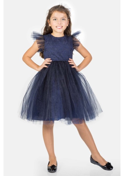 Roza Dantel Tütü Kız Çocuk Abiye Elbise MNK0546 - Lacivert - 7 Yaş fiyatları