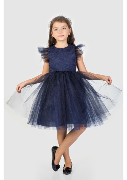 Roza Dantel Tütü Kız Çocuk Abiye Elbise MNK0546 - Lacivert - 7 Yaş modelleri