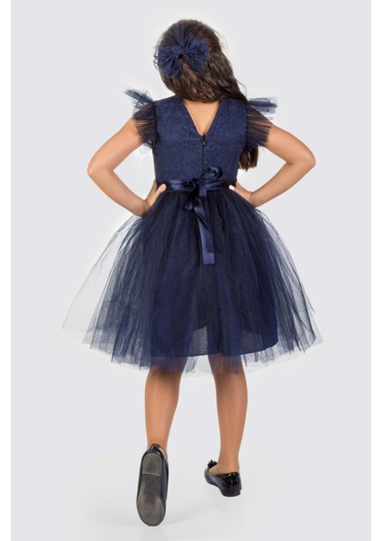 Roza Dantel Tütü Kız Çocuk Abiye Elbise MNK0546 - Lacivert - 7 Yaş fırsatları