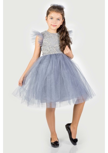 Roza Dantel Tütü Kız Çocuk Abiye Elbise MNK0546 - Gri - 8 Yaş