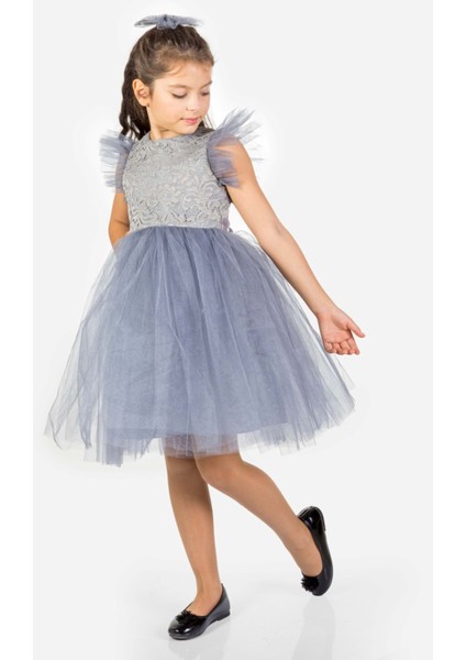 Roza Dantel Tütü Kız Çocuk Abiye Elbise MNK0546 - Gri - 8 Yaş modelleri