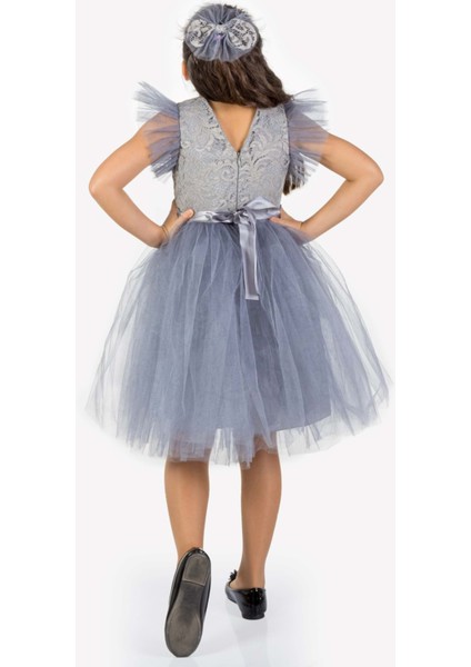 Roza Dantel Tütü Kız Çocuk Abiye Elbise MNK0546 - Gri - 8 Yaş fırsatları