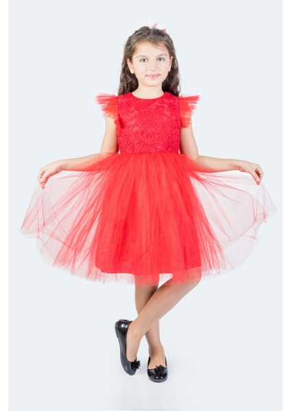 Roza Dantel Tütü Kız Çocuk Abiye Elbise MNK0546 - Kırmızı - 8 Yaş