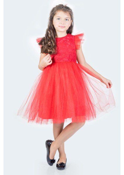 Roza Dantel Tütü Kız Çocuk Abiye Elbise MNK0546 - Kırmızı - 8 Yaş fiyatları