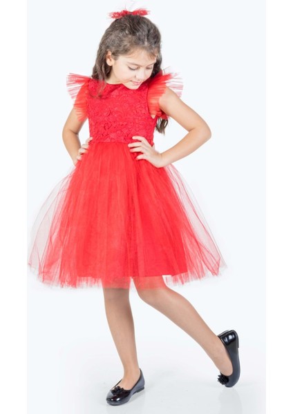 Roza Dantel Tütü Kız Çocuk Abiye Elbise MNK0546 - Kırmızı - 8 Yaş modelleri