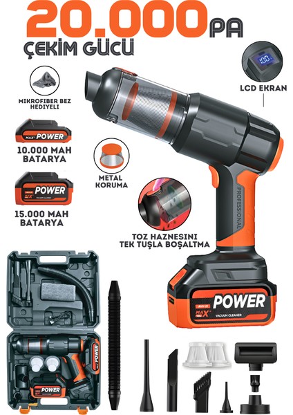 25.000MAH Çift Bataryalı Auhma 20.000PA Ultra Çekim Güçlü Çantalı Araç Temizleme Süpürgesi