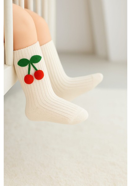 %100 Pamuk Nefes Alabilen Terletmez Ekru Kız Bebek Kirazlı Diz Altı Çorap