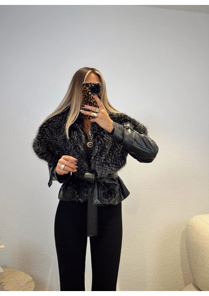 For She Kadın Geniş Kırçıllı Kürk Yaka Kuşaklı Deri Mont