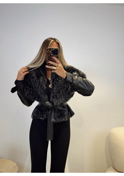 For She Kadın Geniş Kırçıllı Kürk Yaka Kuşaklı Deri Mont modelleri