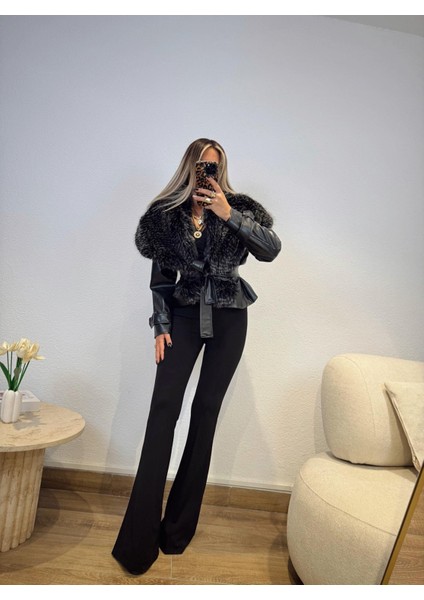 For She Kadın Geniş Kırçıllı Kürk Yaka Kuşaklı Deri Mont fırsatları