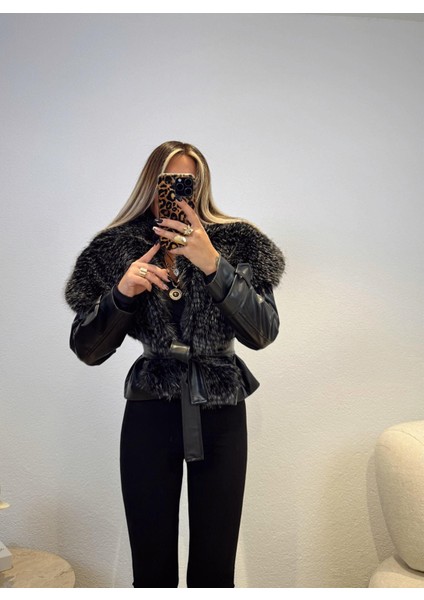 For She Kadın Geniş Kırçıllı Kürk Yaka Kuşaklı Deri Mont indirimleri