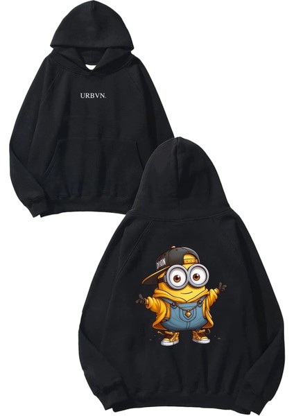 Minion 1 Tasarım Baskılı Oversize Siyah Kapüşonlu Sweatshirt