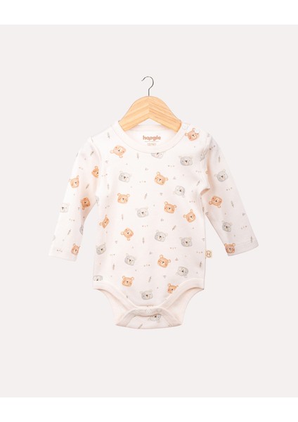 %100 Organik Pamuk Gots Sertifikalı Uzun Kollu Teddy Desenli Bebek & Yenidoğan Body - Ekru