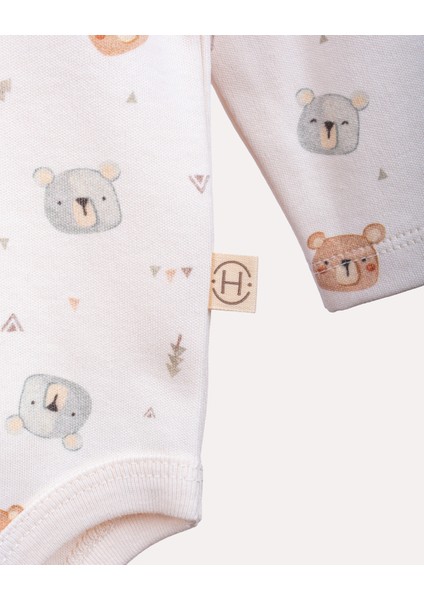 %100 Organik Pamuk Gots Sertifikalı Uzun Kollu Teddy Desenli Bebek & Yenidoğan Body - Ekru modelleri