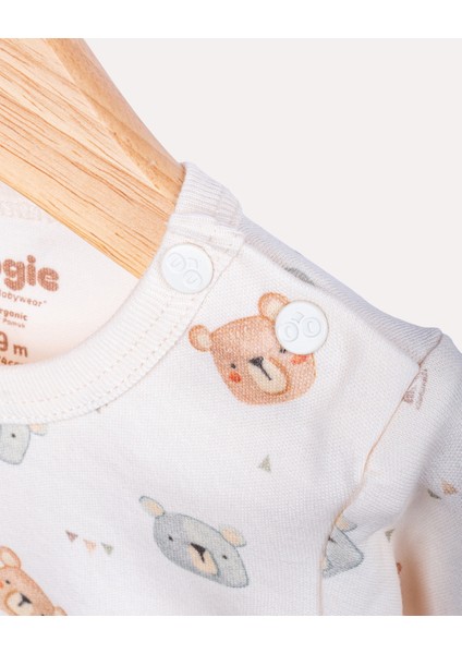 %100 Organik Pamuk Gots Sertifikalı Uzun Kollu Teddy Desenli Bebek & Yenidoğan Body - Ekru