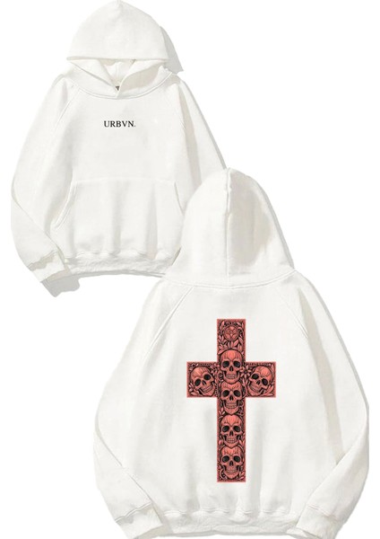 Cross Skull Tasarım Baskılı Oversize Beyaz Kapüşonlu Sweatshirt