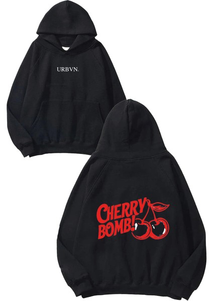 Chery Bomb Tasarım Baskılı Oversize Siyah Kapüşonlu Sweatshirt
