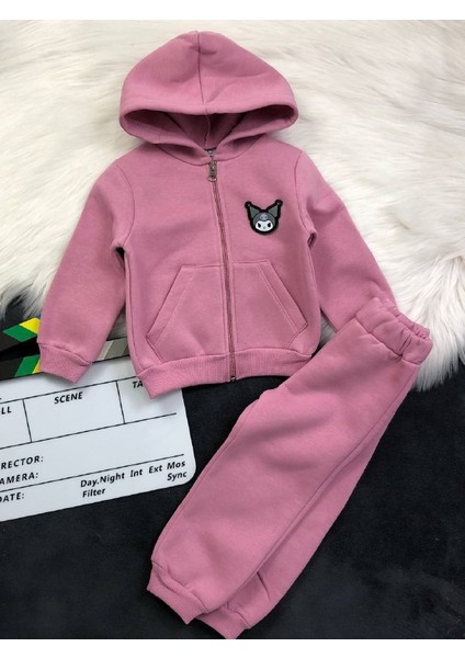 Kuromi Detaylı Kapüşonlu 3 Iplik Şardonlu Kız Çocuk Takım