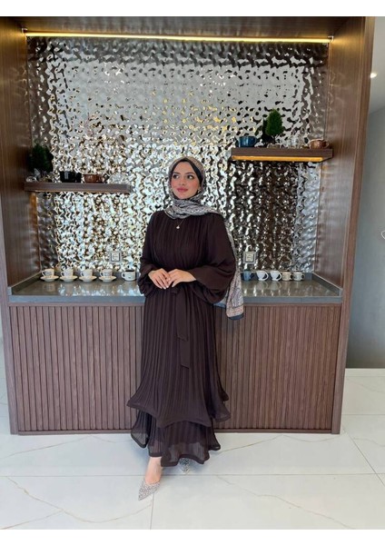 Zarif Katmanlı Kemerli Detaylı Şık Elbise ELB16074